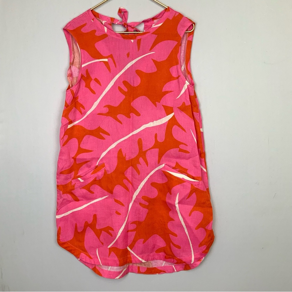 Trovata Birds of Paradis Small Raffi Pink Red Sleeveless 100% Linen Tunic Dress